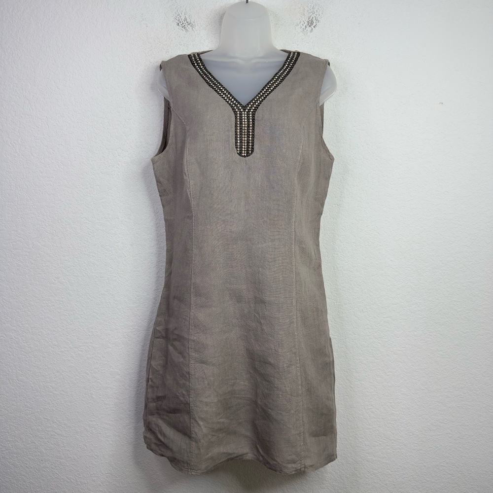 Lina Tomei Dress Womens L Grey Linen Sleeveless Embellished Coastal Vacation